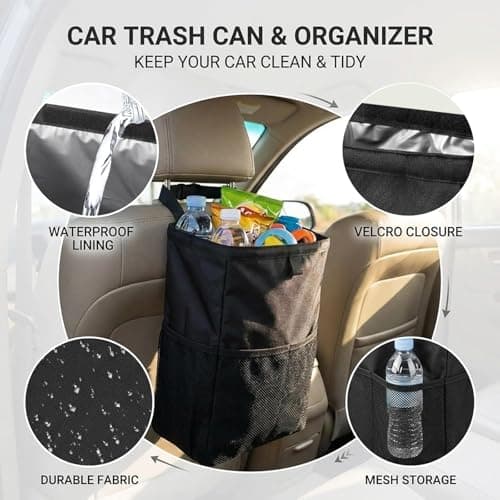 Black Car Trash Bin - Minimalist Car Bin and Dry Waste Organizer, 3.5 Gallon Leak-Proof Car Trash Can with Hook and Loop Lid and Handle, Car Bins for Front of Car, Essential Car Interior Accessories — view 3