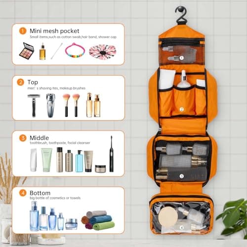Boic Hanging Toiletry Bag, Travel Toiletry Bag for Women, Mens, Orange,M — view 5