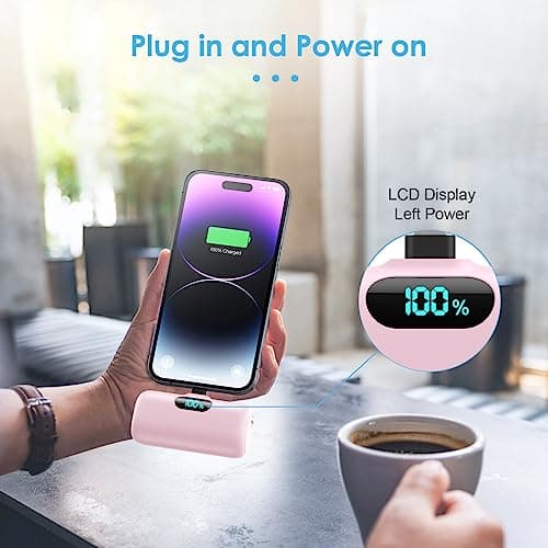 5000mAh Mini Power Bank for iPhone, Upgraded 15W PD Fast Charging Portable Charger, LCD Display 3.0A Small Battery Pack Compatible with iPhone 14/14 Pro Max/13/13 Pro Max/12/11/XR/X/8/7/6 etc-Pink — view 3