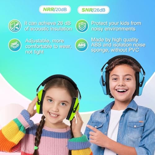 Kriogor Ear Defenders Children 2 Pack, 26dB SNR Soft Kids Ear Defenders, Noise Cancelling Headphones, Hearing Protection Earmuffs Adjustable Ear Protector for Boys Autism Flights Study (Green & Blue) — view 2