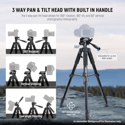 NEEWER BASICS Camera Tripod, 71'' Tripod with Holder Mount Compatible with Camera for Video Recording, Professional Aluminum Lightweight Portable Travel Stand with 3 Way Pan Tilt Head, TP55 — view 3