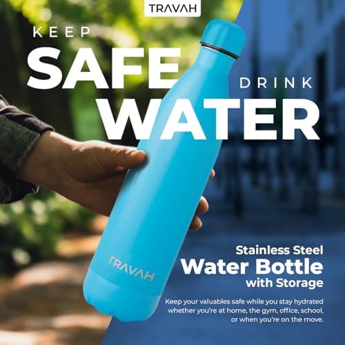 Travah Travel Water Bottle Stainless Steel with Storage for Cash, Keys, Valuables Insulated Bottle for Men and Women Hot and Cold Water Bottle Leak-Proof (Light Blue) — view 4