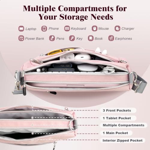 TiMOVO 13.3-14" Multiple Pockets Laptop Sleeve with Shoulder Strap, Pink — view 4