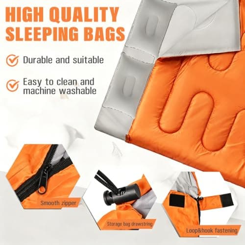 Sleeping Bag, Double Sleeping Bag with 2 Pillows Extra Large 3-4 Season Lightweight, Waterproof Indoor & Outdoor Use for Adults for Hiking, Backpacking and Camping Travel (Orange Double) — view 4