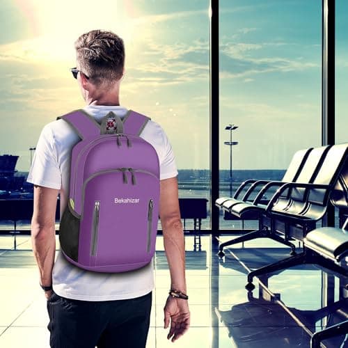Bekahizar 20L Ultra Lightweight Backpack Foldable Hiking Daypack Rucksack Water Resistant Travel Day Bag for Men Women Kids Outdoor Camping Mountaineering Walking Cycling Climbing (Purple) — view 6
