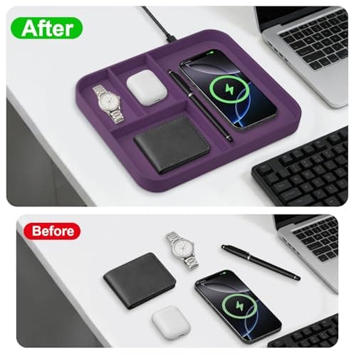 VOVIPO Faux Leather Valet Tray,with 2 in 1 Wireless Charging Compatible With iPhone/17/16/15/15 Plus/15 Pro/15 Pro Max/14/13/12/Wireless earphones,Office/Home Desk Organizers Tray-Purple — view 3