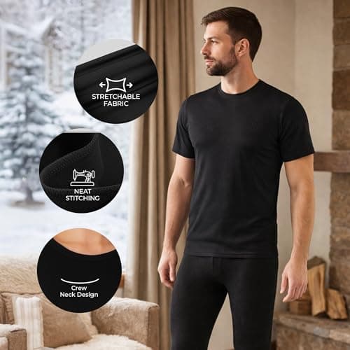 Active Star Mens Thermal Underwear Set, 0.45 Tog Long John Bottoms With Short & Long Sleeve Tops Base Layer Warm Winter Thermals For Running Sport Ski S-XXL, Short Sleeve Thermal Set Black - L — view 5