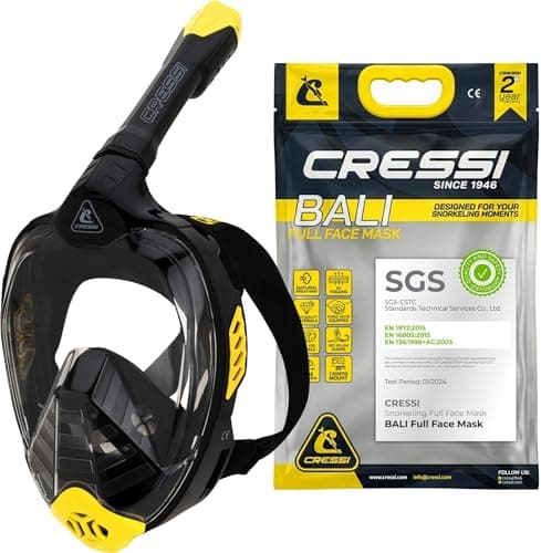 Cressi Bali Full Face Snorkel Mask - Panoramic Diving Mask - Dry-Top Snorkel Set for Adults - Leak-Free Scuba Equipment - Black / Yellow - S/M