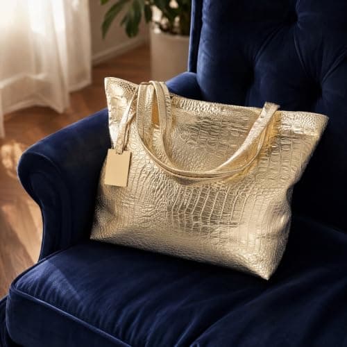ABOOFAN Capacity Handbag Shoulder Shopping: Large Tote Bag for Women PU Laptop Handbag School Shoulder Bag Business Work Bag, Golden — view 2