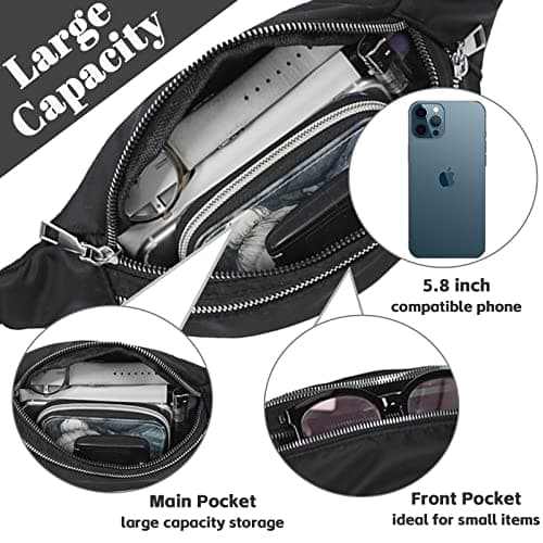 Black Bum Bag Fashion Waist Pack Bumbag for Women Men Lightweight Fanny Pack with 2 Zip Pockets & Adjustable Strap, Large Belt Bag for Dog Walking Running Hiking Jogging — view 2