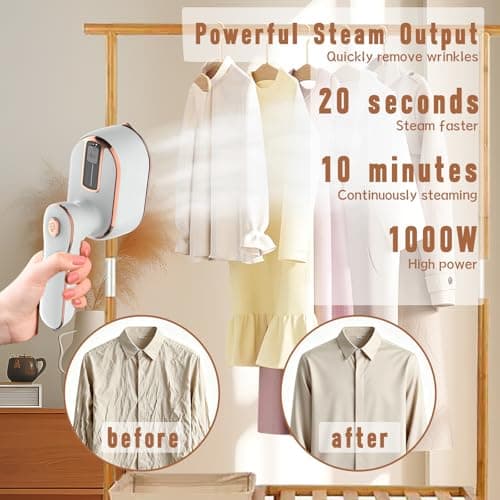 Houbobo Portable Clothes Steamer, Mini Handheld Travel Iron, Fast 20S Heat-up, 1000W Steamer Clothing with 180° Rotatable Handle, 2 In 1 Steamer Iron for Travel, Home, Office — view 5
