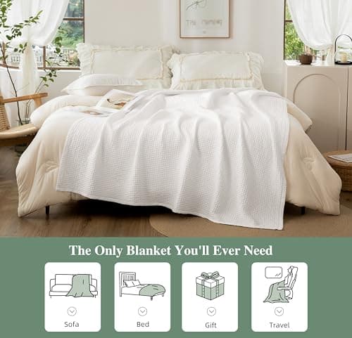 CHUFFED 100% Cotton Waffle Blanket Bed Throw Single Size-Throw Blanket for Bed Sofa Travel-Soft Lightweight Breathable Blankets and Throws for All Season Bleached White Throw 130x150cm — view 4