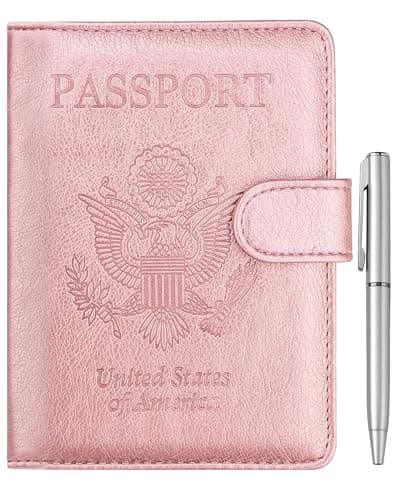 WALNEW Passport Holder for Travel, RFID Wallet for Men Women, PU Leather Case with Pen, Buckle, Rose Gold, Buckle Closure