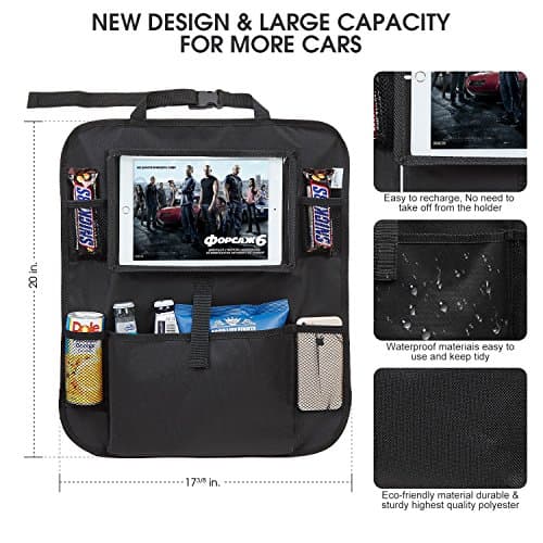 Tech Traders ® Back Seat Car Organiser with 10.1" iPad/Tablet Holder Touch Screen Kids Kick Mat Seat Protector Cover Universal Fit Multi Pockets Children’s Storage - Black — view 3