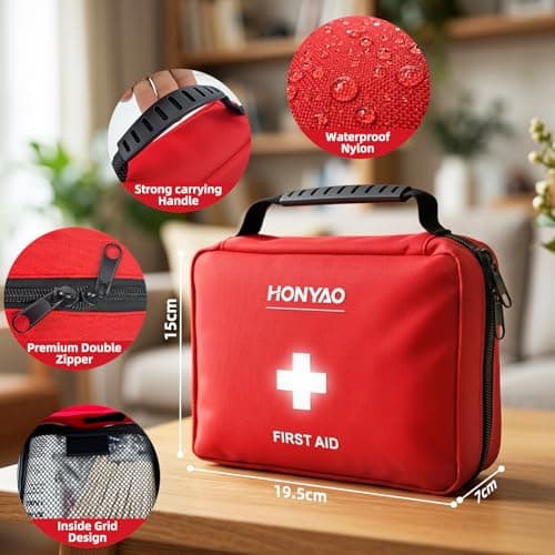 HONYAO® First Aid Kit 220 Pcs, First Aid Bag with Premium Waterproof Nylon Shell, Medical Kit for Home Workplace Car School Outdoor Camping, Includes Plasters, Cold Pack, Emergency Blanket etc. Red — view 3