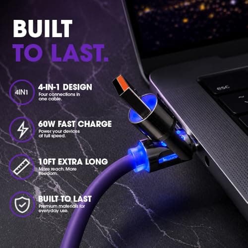 NYSLIFE Chunky Charge 4 in 1 Multi USB Fast Charging Cable, 10 Ft, USB A/C to C/Lightening 60W Charger Cable, Yellow Heavy Duty Universal Charger Cord for iPhone, Android, Laptop, Tablet — view 4