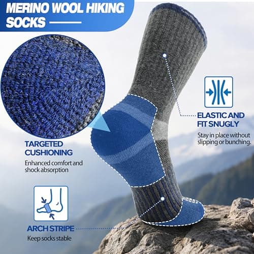 MOGGEI Merino Wool Hiking Socks for Men Thermal Warm Winter Cosy Breathable Cushioned Crew Socks for Walking Trekking Outdoor 5 Pairs, UK Shoe Size 7-11(Dark Pinstripes A) — view 3