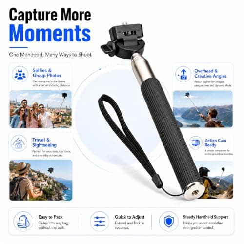 Selfie Stick - Traveller Monopod for Compact Digital Cameras, Action Cam - Works with Sony, Canon, Nikon, Panasonic and More with 1/4" Screw - Wrist Strap Included - Range: 22 to 109 cm - Black — view 3