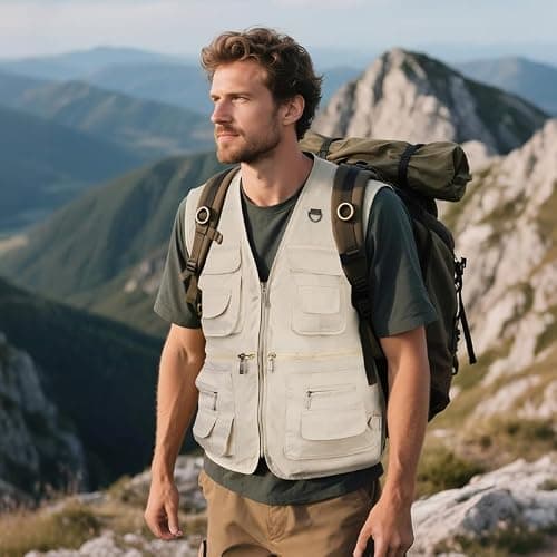 AOTORR Men’s Fishing Vest Casual Outdoor Work Safari Fishing Photo Cargo Vest Summer Jacket With Multi Pockets Light Khaki M — view 3