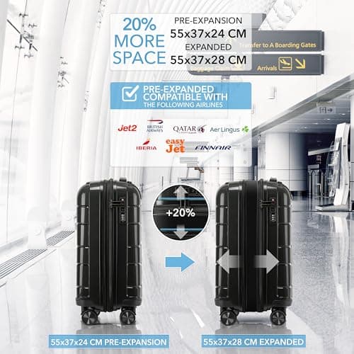 CRUW Hand Luggage 22" Expandable Lightweight Cabin Bag TSA Approved Lock, Silent Wheels Durable Polypropylene Luggage Suitcase Fits 56x45x25cm Overhead Carry On Limit for easyJet, BA & Jet2. — view 5