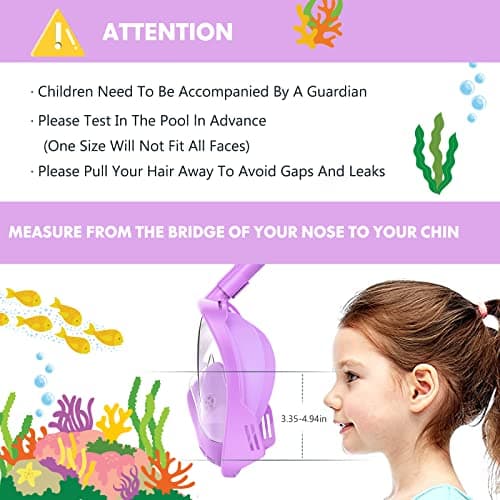 Kids Snorkel Mask Full Face, Snorkeling Gear for Kids 3-14 with Camera Mount, 180 Degree Panoramic View Snorkeling Set Anti-Fog Anti-Leak (Purple) — view 6