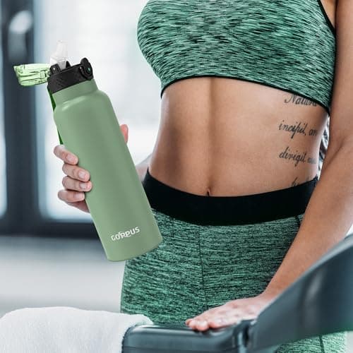 GOPPUS 750ml/26oz Stainless Water Bottle with Straw Double Wall Insulated Bottles with Strap Reusable Vacuum Thermal Flask Leakproof Keep Cold Drinks Bottles with Flip Top Lid BPA Free (Light Green) — view 6