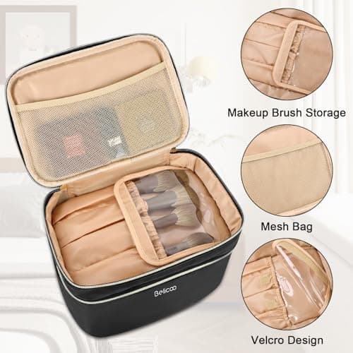 BELICOO Make up Bag, Large Double-Layer Travel Makeup Bag with Mirror — view 4