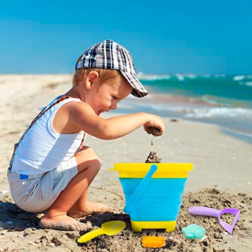 abeec Foldable Beach Bucket and Spade Set for Kids | 5 Piece Collapsible Sand Bucket with Spade, Rake and 2 Moulds | Travel Beach Toys, Holiday Essentials for Children Ages 3+ — view 5
