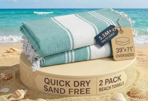 LANE LINEN Oversized Turkish Beach Towels – 2 Pack, Quick Dry & Sand-Free Cotton Blend, Pre-Washed Swim Towels for Adults, Hunter Green