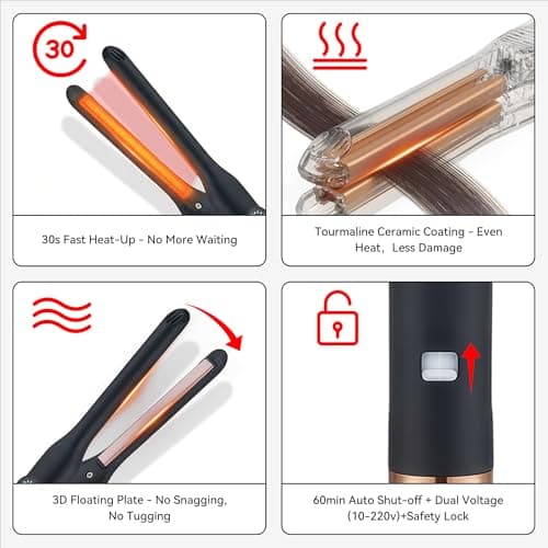 Hair Straightener with Extra Slim Plates, Mini Pencil Flat Iron for Short Hair, Pixies, Bangs, Small Curls & Beard, Digital Display, 5 Temp Settings 120-200°C, Fast Heat Up (Black) — view 3