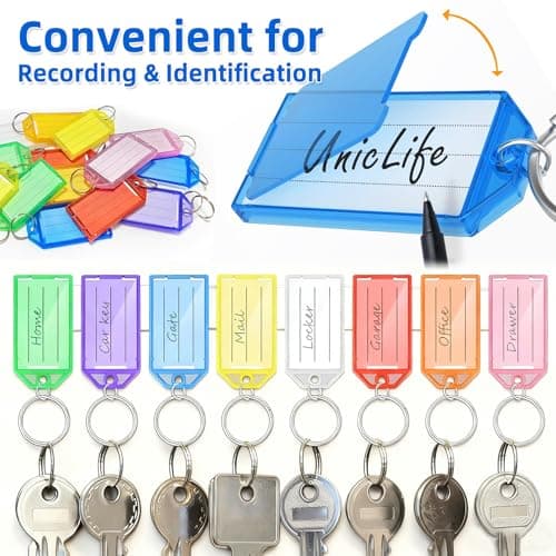 Redamancy 20 Pack Key Tags with Labels, Plastic Write On Key Fobs in 8 Colours with Protective Window, Keyring Tags for Office Home and Travel Organisation — view 5