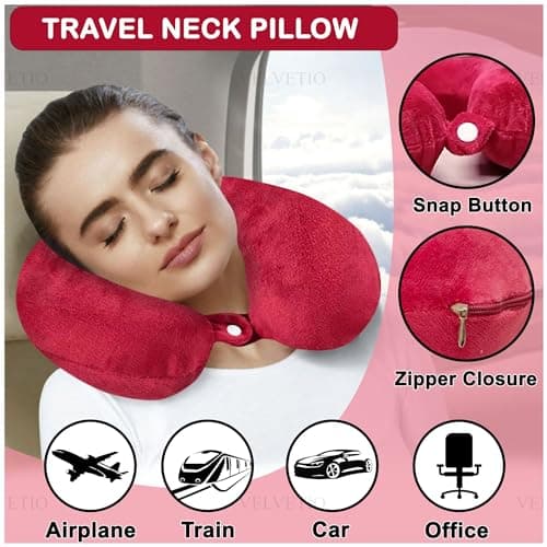 VELVETIO Memory Foam Neck Pillows for Sleeping, Lightweight U Shape Head Support Travel Pillow for Airplane, Soft Removeable Cover Ideal for Car & Office, Red — view 2