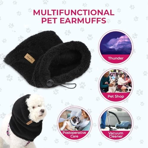 SSaYo Dog Ear Muffs Noise Protection - Soft Calming Hood for Anxiety Relief, Fireworks, Thunder, Grooming & Vet Visits - Elastic Band & Comfortable Neck Warmer for Travel (Black, Large) — view 2