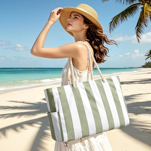 Becokan Waterproof Beach Bag for Women - Large Sandproof Swim Tote With Zipper and Stripe Pattern — view 2