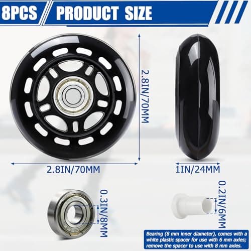 TOBWOLF 8 Pack 70mm 82A Indoor Inline Skate Replacement Wheels, Black — view 2