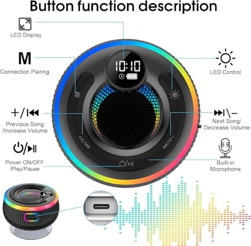 AOSRAU Bluetooth Shower Speaker, 2025 Portable Bluetooth Speaker 5.3 with Time Display, IPX7 Waterproof with Suction Cup, RGB Lights, Stereo Bass, Wireless for Bathroom/Party/Travel/Outdoor, Blue — view 3