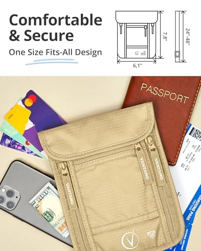 Vantamo Premium Neck Wallet for Traveling, RFID Protected Passport Bag Fits Documents, Cash and Phone, Lightweight & Consealed Travel Wallet and Document Holder for Men & Women with Adjustable Strap — view 4