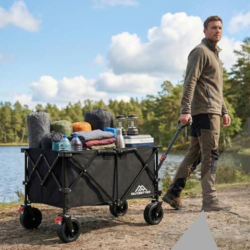 200L Heavy Duty Folding Camping Trolley on Wheels, Large Capacity Festival Wagon Cart with Wide All-Terrain Wheels, Cover & Adjustable Handle for Beach, Garden, Picnic, Outdoor, Shopping — view 2