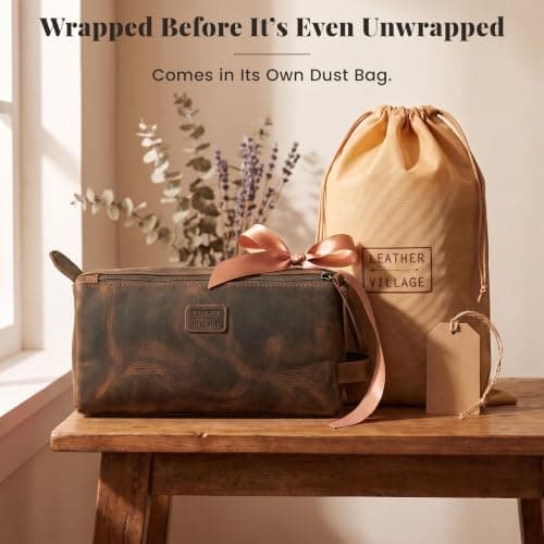 Leather Village Premium Leather Travel Toiletry Bag - Unisex Water-Resistant Travel Dopp Kit, Shaving & Cosmetic Organizer for Men & Women - Compact Bathroom Essentials - Distressed Brown — view 6