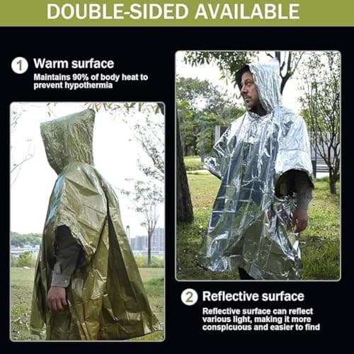 Kanuothbon Emergency Survival Poncho (4pc) Thermal Mylar Foil Coating Blanket for Heat Retention and Rain | Reversible with Hood | Waterproof, Windproof, Portable, Hands-free, Outdoor Kit — view 5