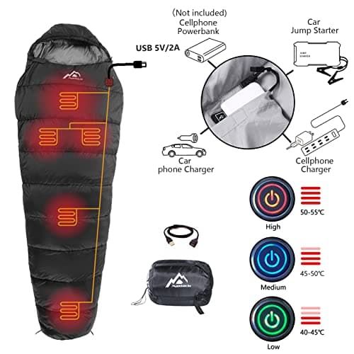 MANTUOLE Heated Sleeping Bag 5pcs Multi USB Power Support Heating Pads,Operated with Battery Power Bank or Other USB Power Supplies, Portable Compact Bag, Mummy Style-Black. — view 2