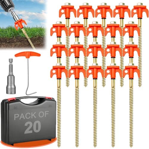 HUIXRKE Tent Pegs Metal Heavy Duty 20cm X 20 Pack - Awning Pegs with Carry Case - Screw In Tent Pegs with Drill Adapter - Rock Pegs for Hard Standing Camping - Galvanised Steel