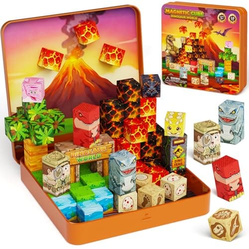 Magnetic Blocks Travel Set for Boy: 49pcs Dinosaur Magnet Cubes Iron Case