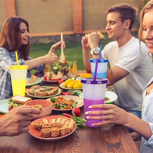 Echify Cold Cups with Lids & Straws - 5 Pack Bright Color Changing Cups 24oz Bulk Magic Tumbler Iced Coffee Cup Travel Mug - Reusable Plastic Cups Smoothie Milkshake Cup for Kids Adults — view 5