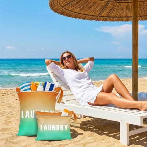 2 Pcs Travel Laundry Bags (Large 55x45cm & Small 40x31cm) - Waterproof Washing Bags for Laundry with Double Zippers, Dirty Clothes Bags with Handle for Travel, Gym, Camping (Orange-Green Gradient) — view 5