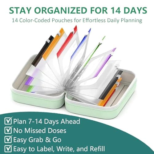 A8 Waterproof Pill Organizer Set with 14 Color-Pill Pouches, 7-14 Day Travel Pill Organizer Pouch, Large Weekly Travel Medicine Organizer, Portable Reusable Binder Design Zippered Pill Storage Box — view 2