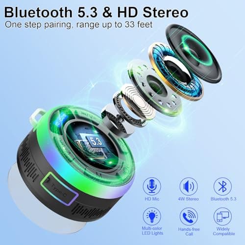 Bluetooth Shower Speaker with IPX7 Waterproof, Bluetooth Speaker with HD Stereo Sound, Built-in Mic Portable Wireless Speaker with Dynamic Lights 10H Playtime, for Outdoor Kitchen Gifts Golf, Black — view 2
