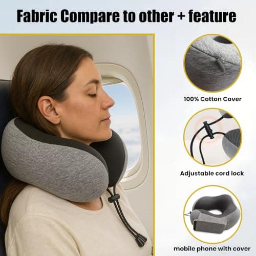 TRENDIQ Travel Pillow for Airplane- Premium Memory Foam with 100% Pure Cationic Cover Neck Pillow for Travel- Adjustable U-Shaped Flight Pillow with Eye Mask, Ear Plugs, Carry Bag & Carabiner Clip — view 6