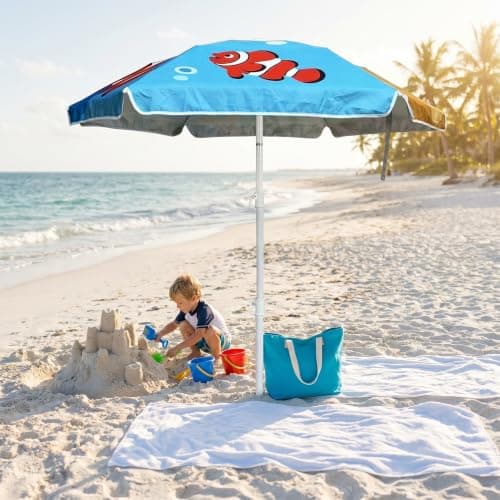 LOTTAFUN Kid 5ft Beach Umbrella Diameter 0.99-1.2 inches Pole UV 50+ Portable Sun Shade with Sand Anchor & Carry Bag, Outdoor Folding Umbrella for Beach,Pool,Patio,Garden (Fish) NO Tilt The sand needs — view 6