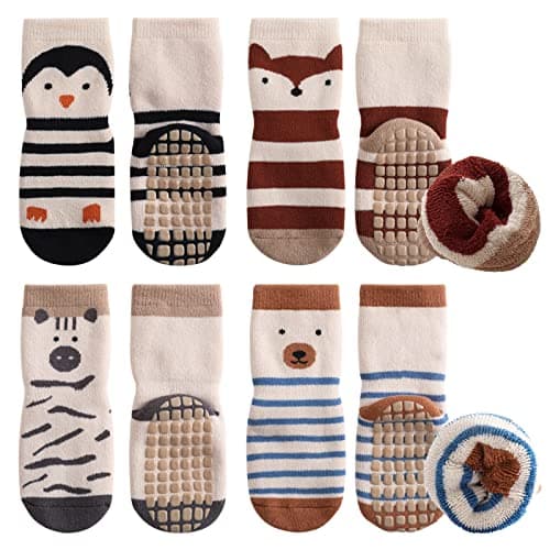 Simpeak Toddler Socks, 4 Pairs Kids Socks in Autumn and Winter Non Skid Kids Toddler Socks with Grips Children Gift Socks for Boys Girls 1-3 Year - 1